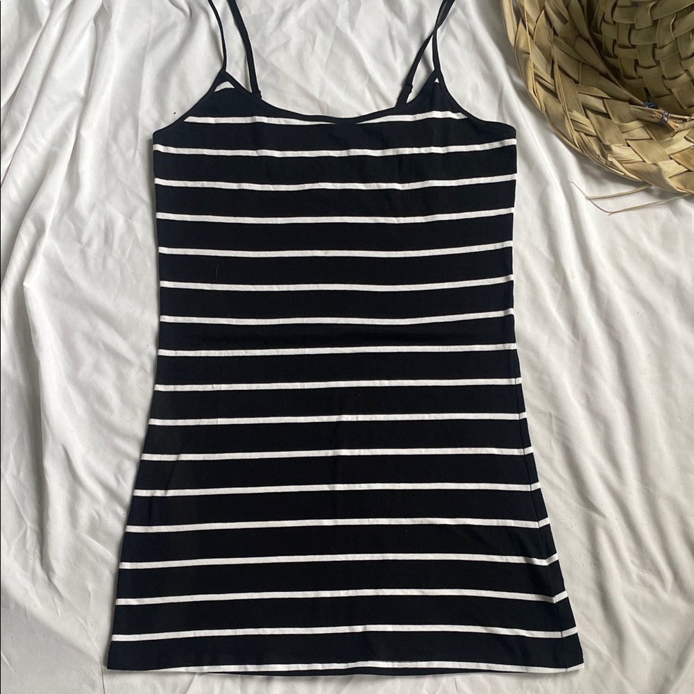 MyStyle Black White Striped Longline Camisole Tank Top Adjustable Straps M